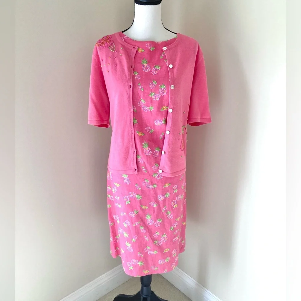Vintage Talbots Pineapple Print Sleeveless Shift Dress with Cardigan Size 8